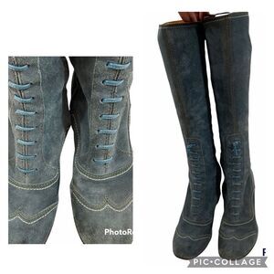 L’autre Chose Blue Suede Granny‎ Style Heeled Boots Size 37